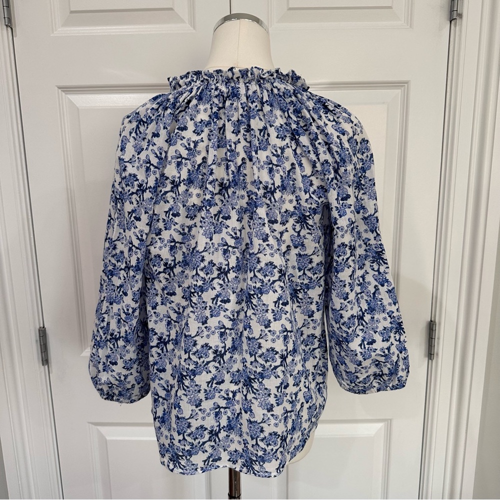 Rebecca Taylor Cotton Floral Blue White Smocked Ruffle Boho V-Neck Blouse Size 2 - Picture 7 of 10